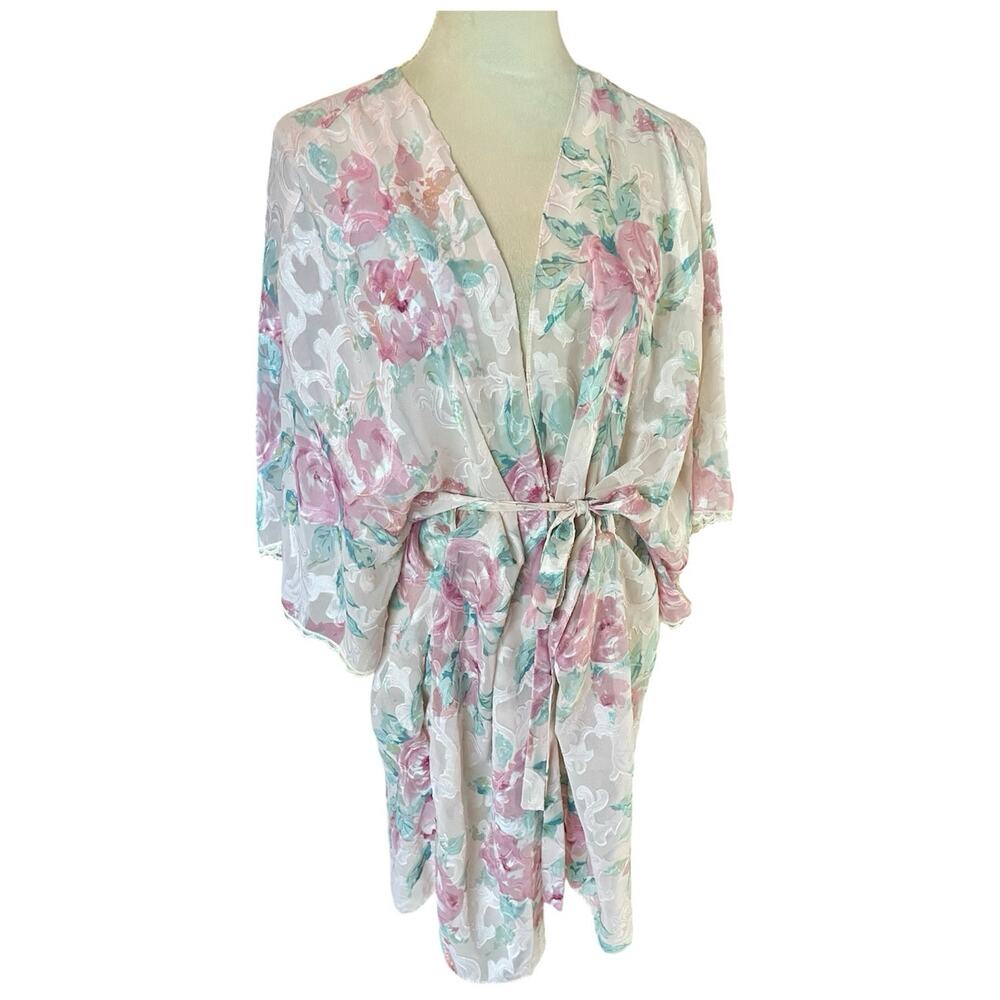 Vintage California Dynasty Baby Pink Floral Burnout Velvet Robe Kimono Duster